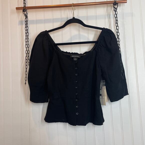 NWT Something Navy Women’s Black Front Button Fitted Top Size XS Puff Sleeve NEW - Picture 1 of 9